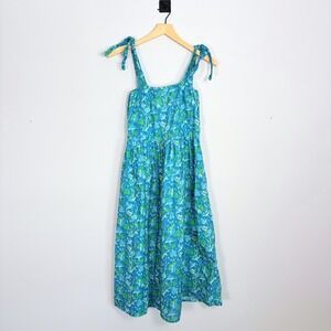 VICTORIA DUNN Blue Green Floral Print Tie Shoulder Midi Dress Women's XS